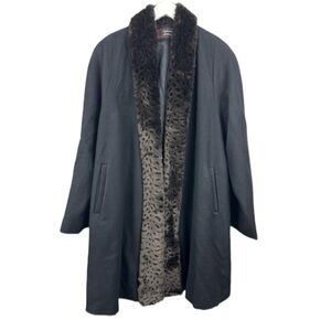 Stephanie Matthews Black Faux Fur Collar Long Trench Wool Coat Size XL